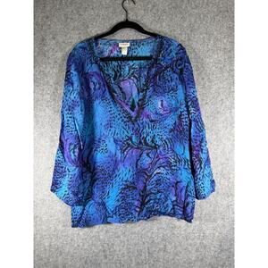 Chico's Blouse Women Medium Blue Animal Print V Neck Silk Artsy Old Money Classi